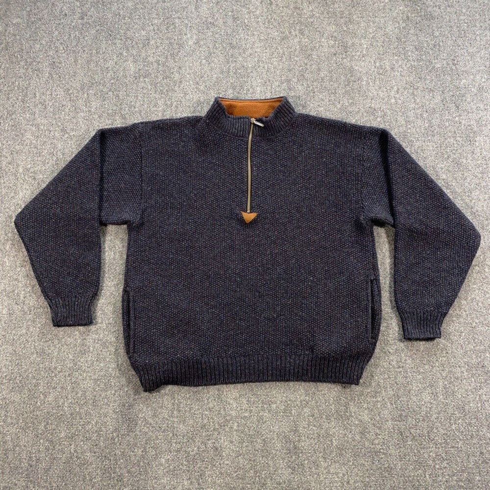 VINTAGE Early Winters Wool Pullover Sweater Adult Large Blue Knit Zip 90s VTG